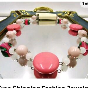 New pink & white  beaded silver necklace